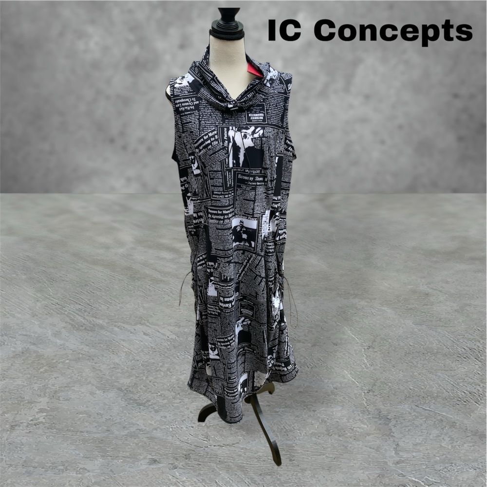 IC Collection Knit Newspaper Print Cowl Mock Neck Sleeveless Balloon Mid…
